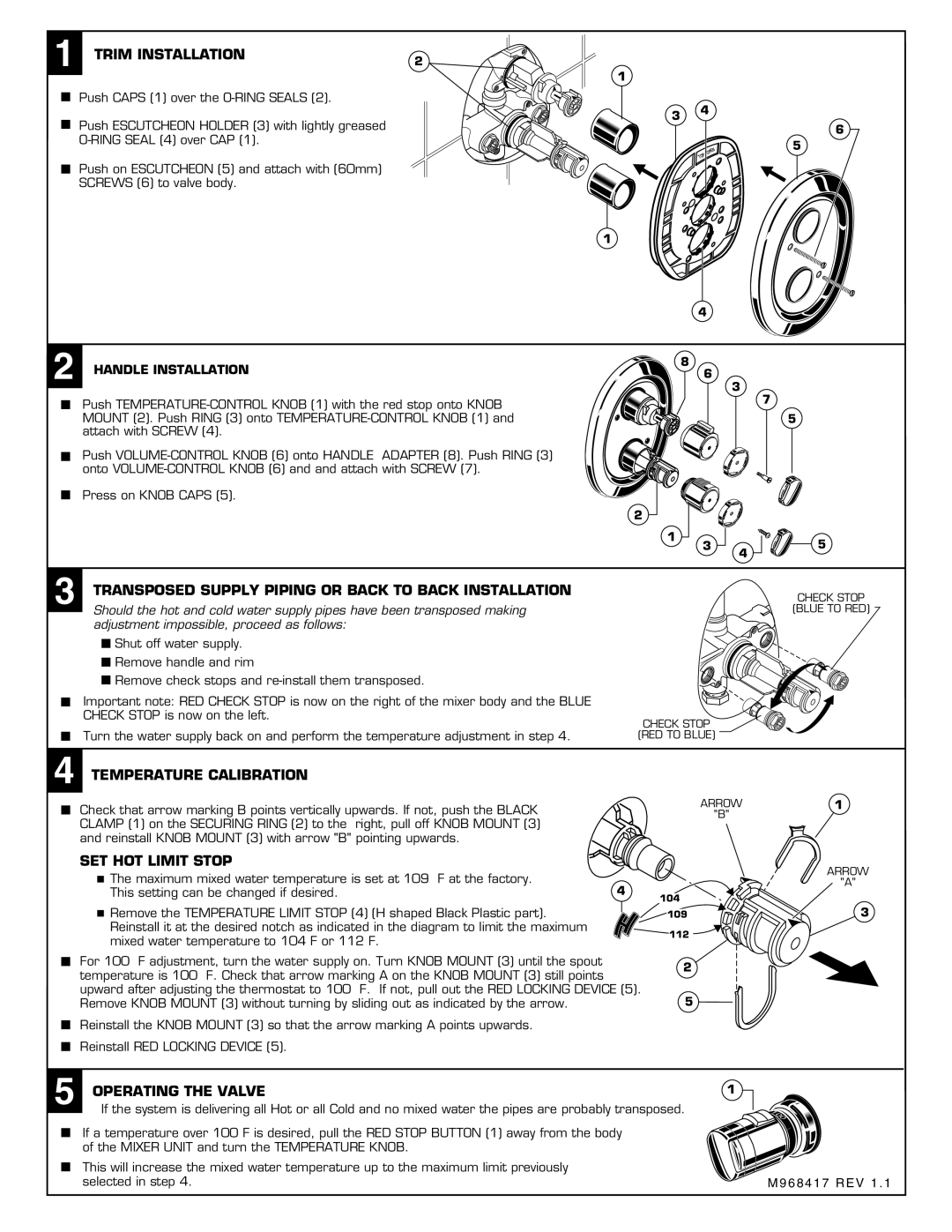 American Standard 2050.210 Trim Installation, Transposed Supply Piping or Back to Back Installation, SET HOT Limit Stop 