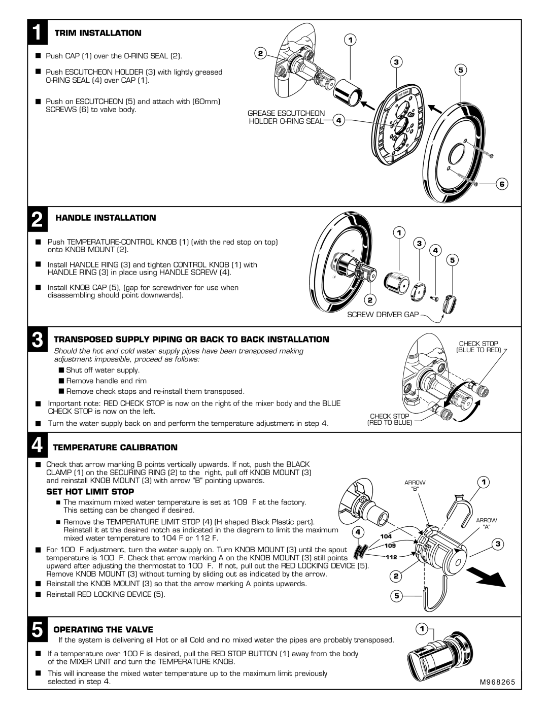 American Standard T050120 Trim Installation, Handle Installation, Transposed Supply Piping or Back to Back Installation 