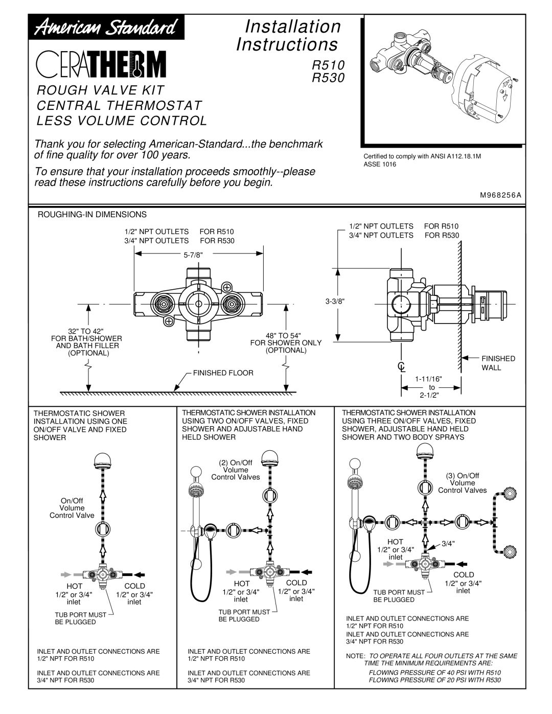 American Standard T050120, T050110 installation instructions R530 Rough Valve KIT Central Thermostat Less Volume Control 