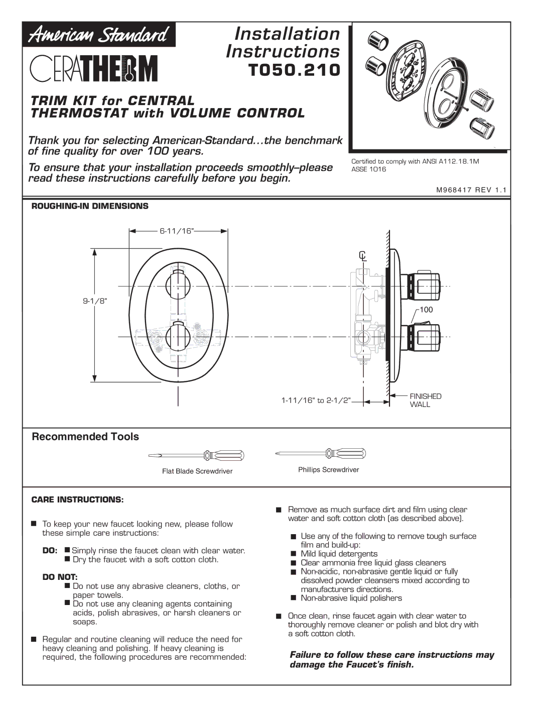 American Standard T050.210 installation instructions ROUGHING-IN Dimensions, Care Instructions, Do not, Finished, Wall 