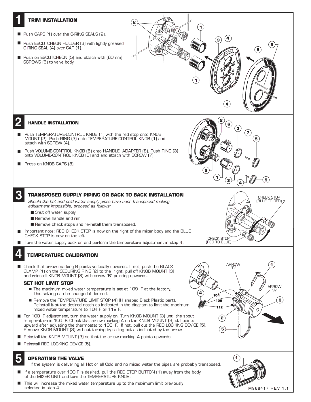 American Standard T050.210 Trim Installation, Transposed Supply Piping or Back to Back Installation, SET HOT Limit Stop 