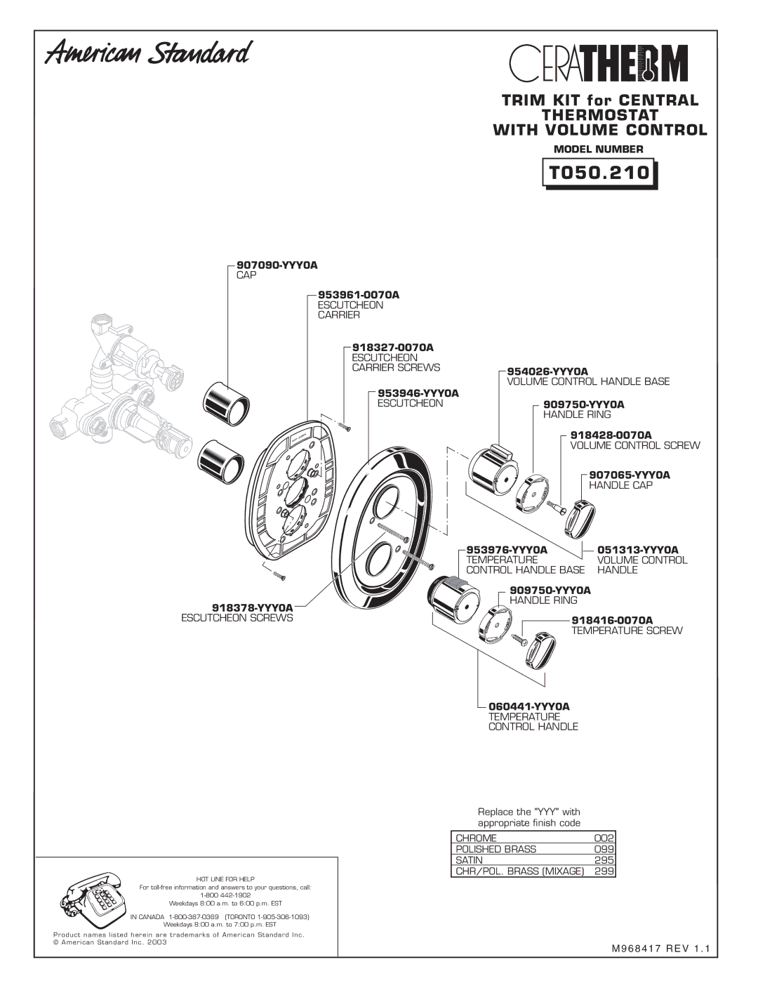 American Standard T050.210 installation instructions Model Number 