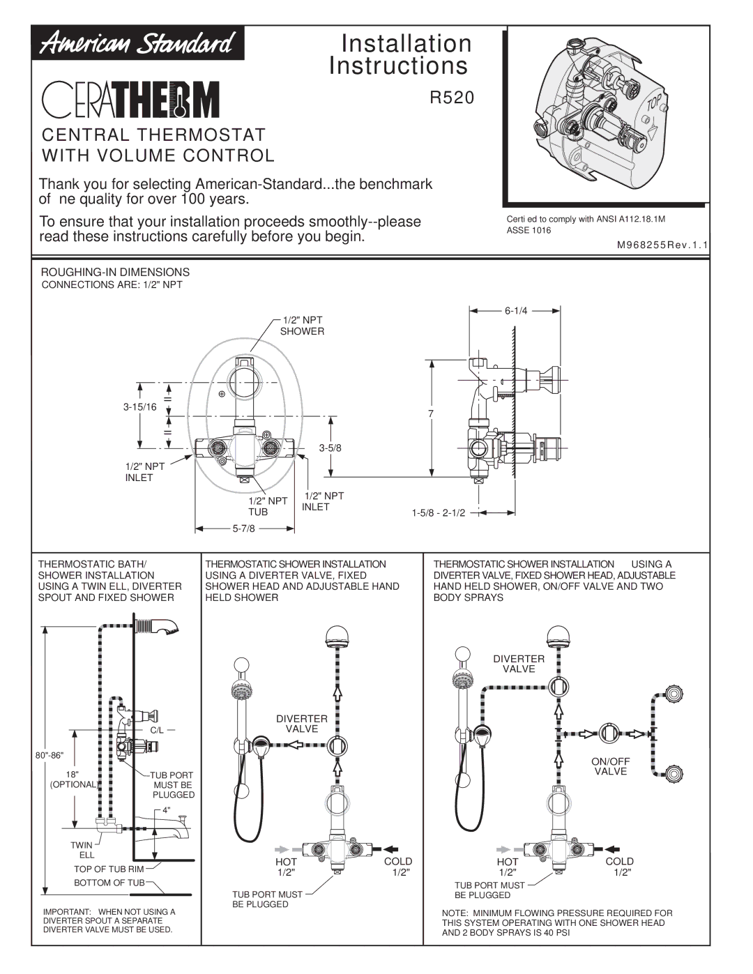 American Standard T050.210 installation instructions Hotcold 