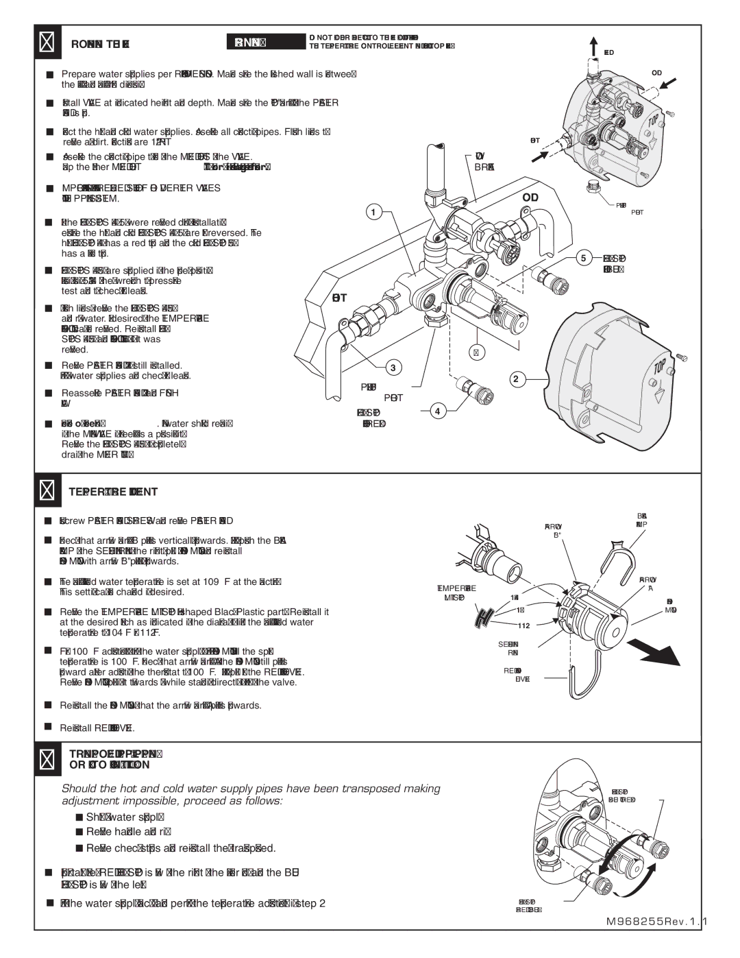 American Standard T050.210 installation instructions ROUGHING-IN the Valve, Cold, Hot, Temperature Adjustment, Check Stop 