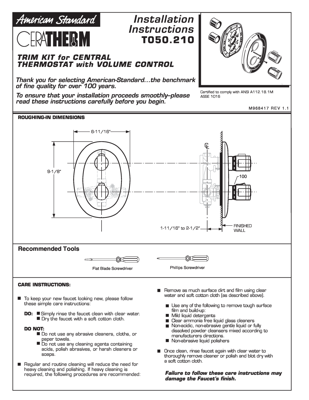 American Standard T050.210 installation instructions Installation Instructions, Recommended Tools 