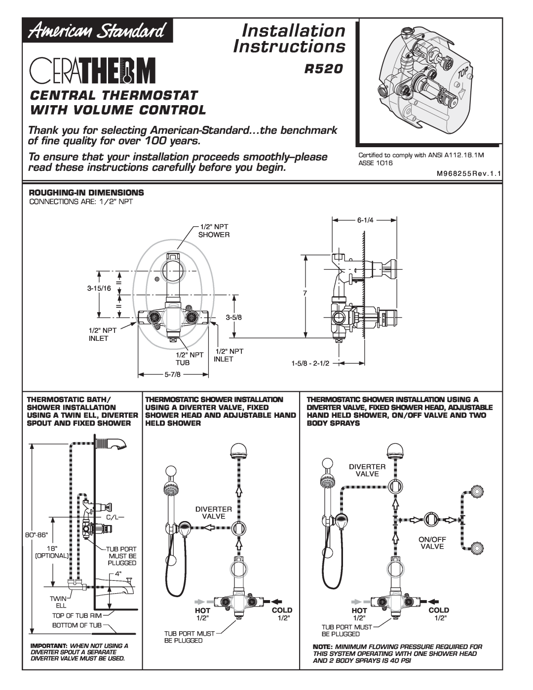American Standard T050.210 installation instructions R520 CENTRAL THERMOSTAT WITH VOLUME CONTROL, Installation Instructions 
