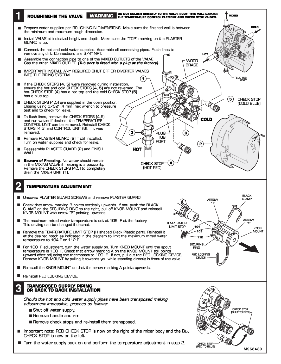 American Standard T050.210 installation instructions Roughing-In The Valve, Cold, Temperature Adjustment 