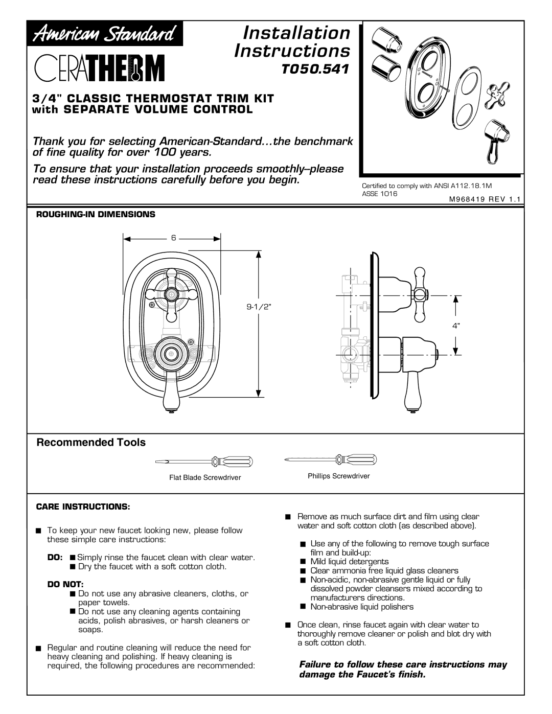 American Standard T050.541 installation instructions ROUGHING-IN Dimensions, Care Instructions, Do not 