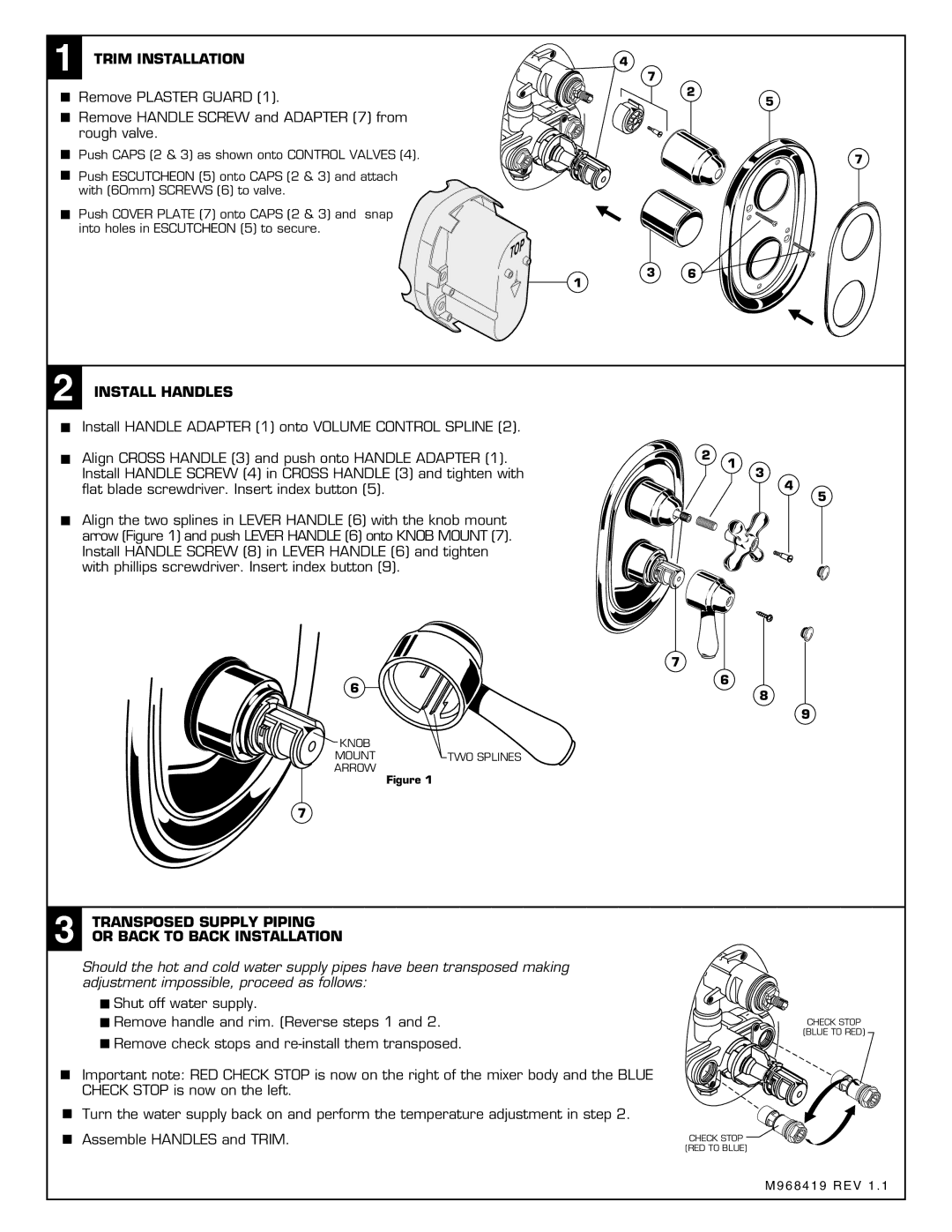 American Standard T050.541 Trim Installation, Install Handles, Transposed Supply Piping or Back to Back Installation 