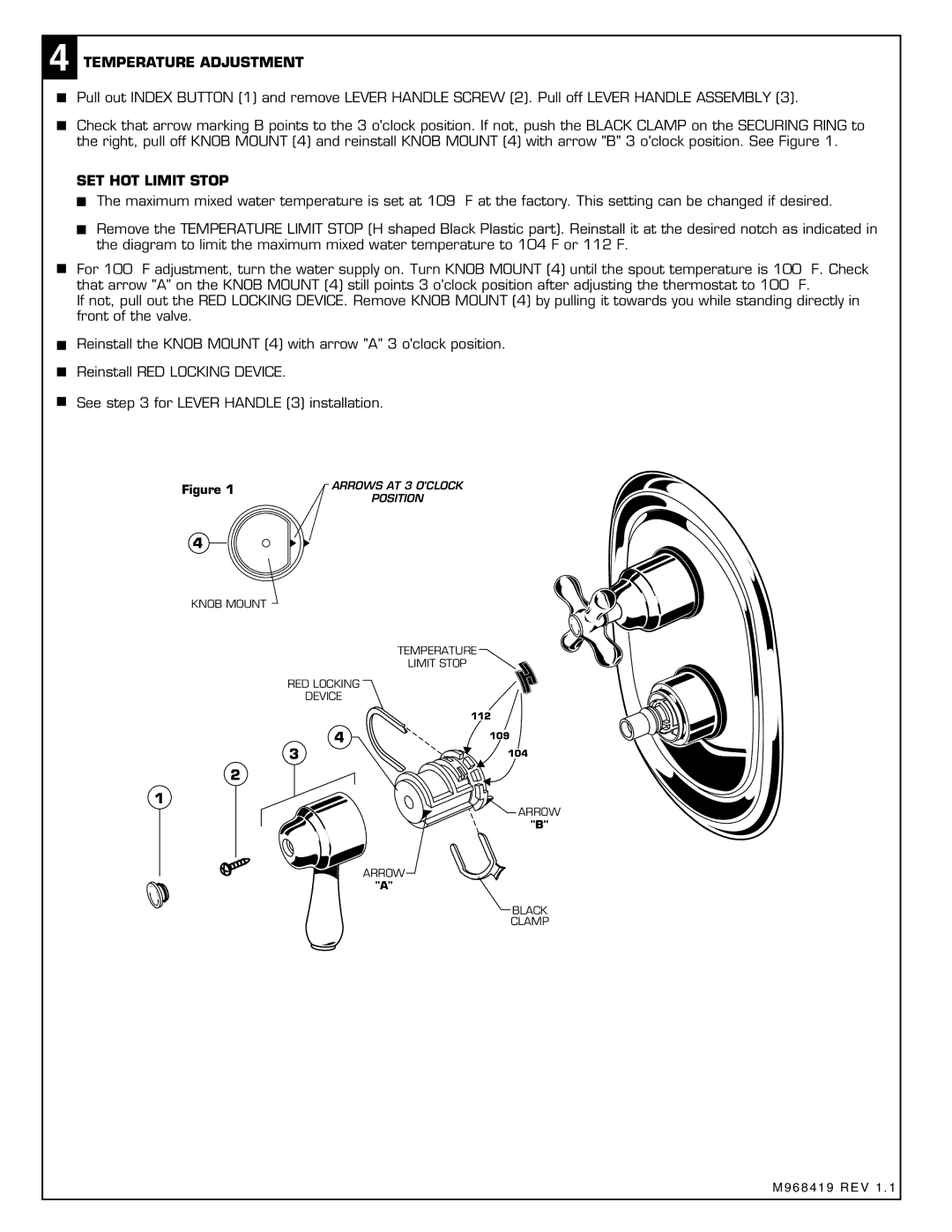 American Standard T050.541 installation instructions Temperature Adjustment, SET HOT Limit Stop 