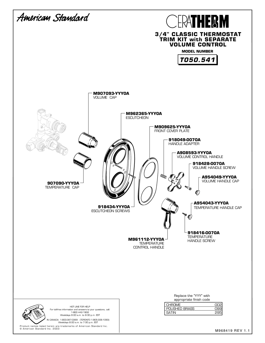 American Standard T050.541 installation instructions Classic Thermostat 