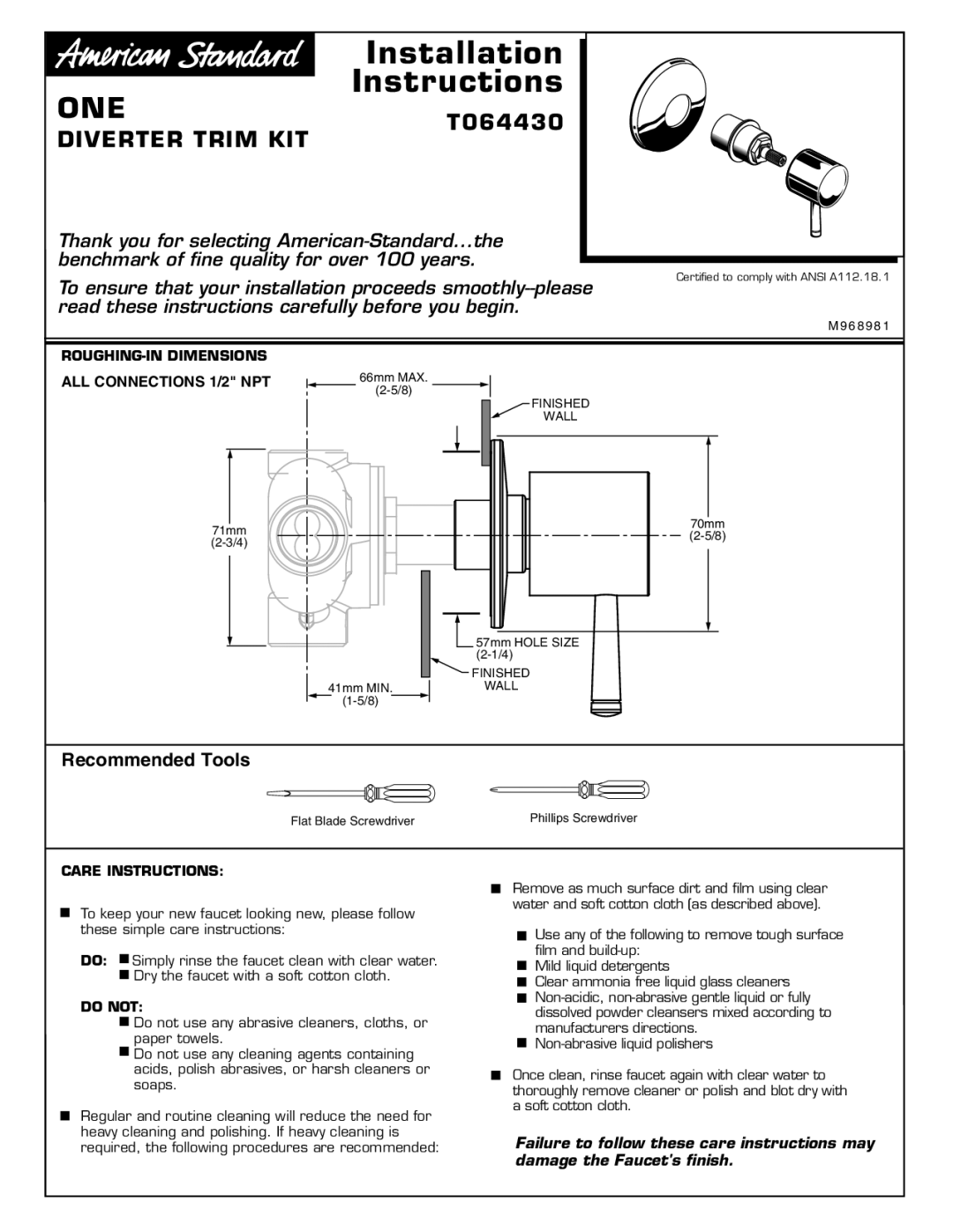 American Standard M968981, T064430 installation instructions ROUGHING-IN Dimensions, Care Instructions, Do not 