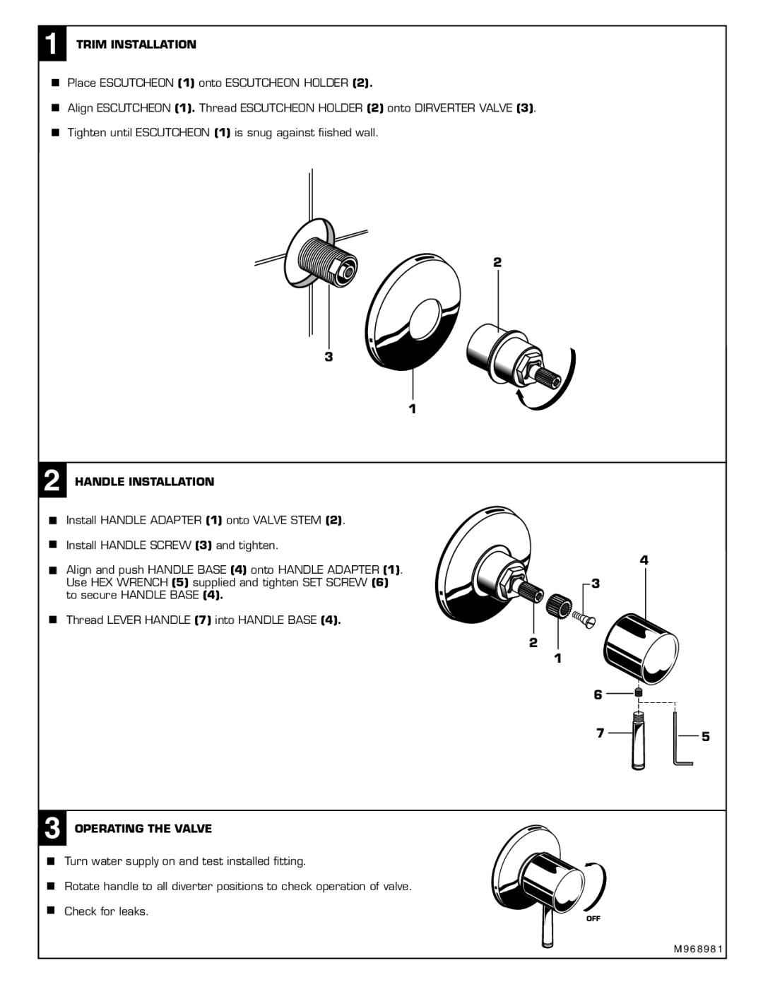 American Standard T064430, M968981 installation instructions Trim Installation, Handle Installation, Operating the Valve 