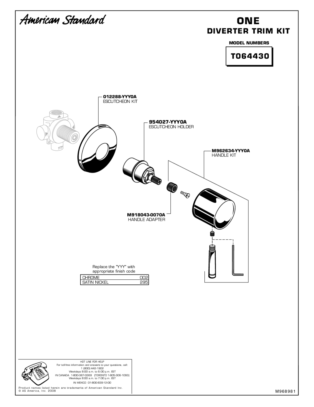 American Standard M968981, T064430 installation instructions 954027-YYY0A 