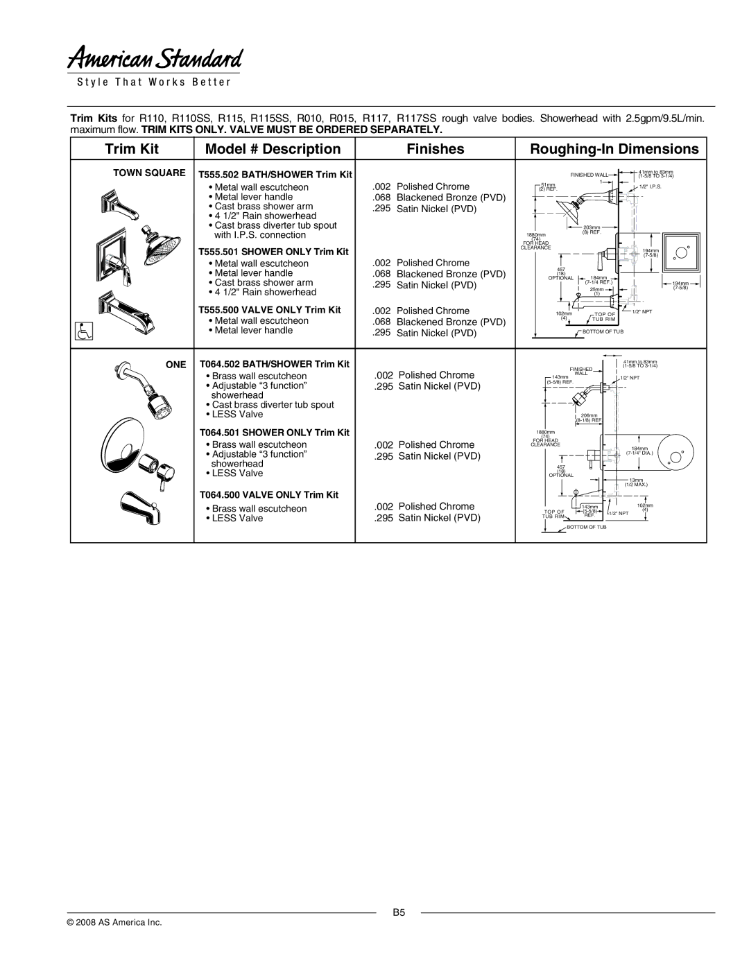 American Standard T064.500, T064.502 dimensions Town Square T555.502 BATH/SHOWER Trim Kit, T555.501 Shower only Trim Kit 