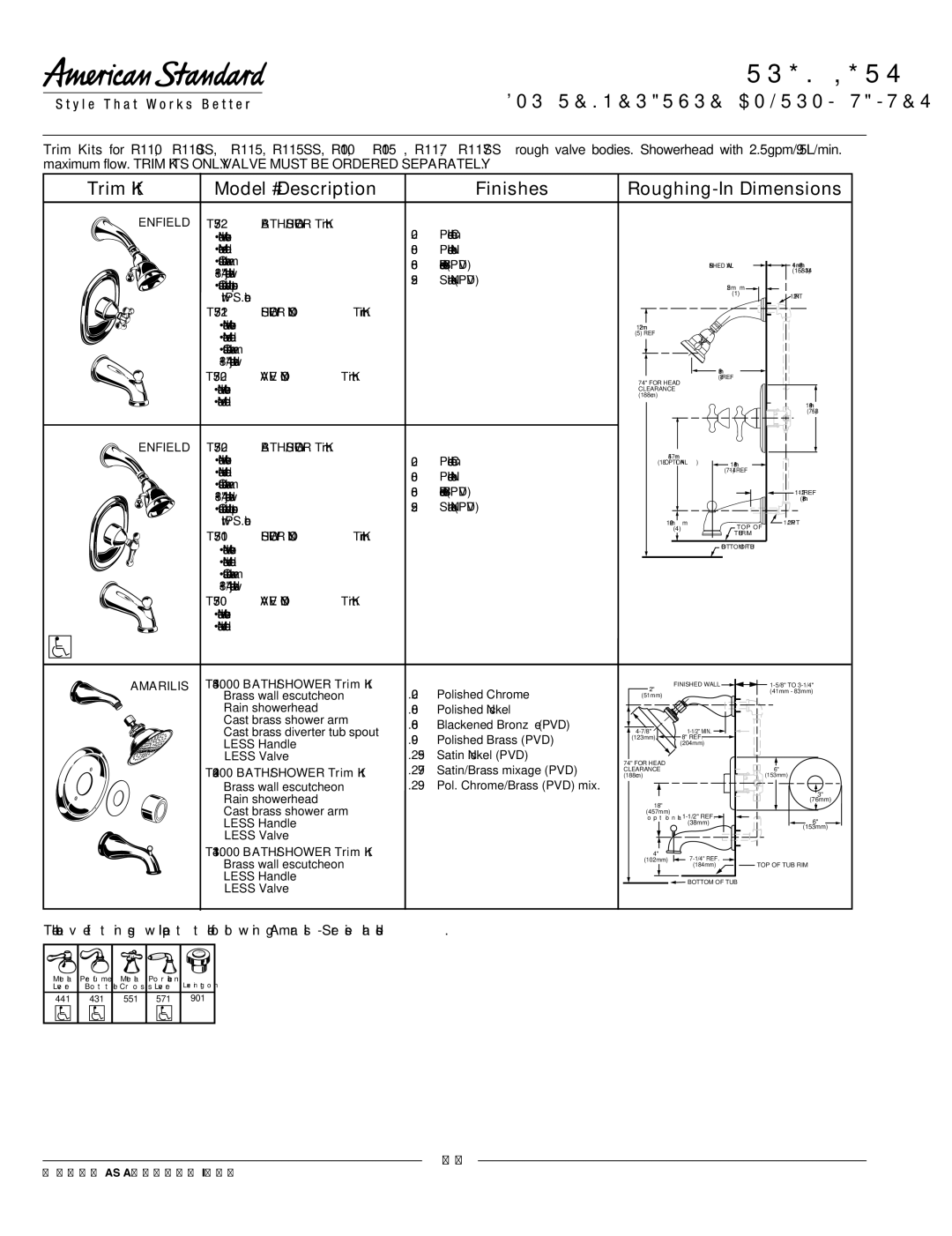 American Standard T064.501, T064.502, T064.500 Enfield T373.522 BATH/SHOWER Trim Kit, T373.521 Shower only Trim Kit 