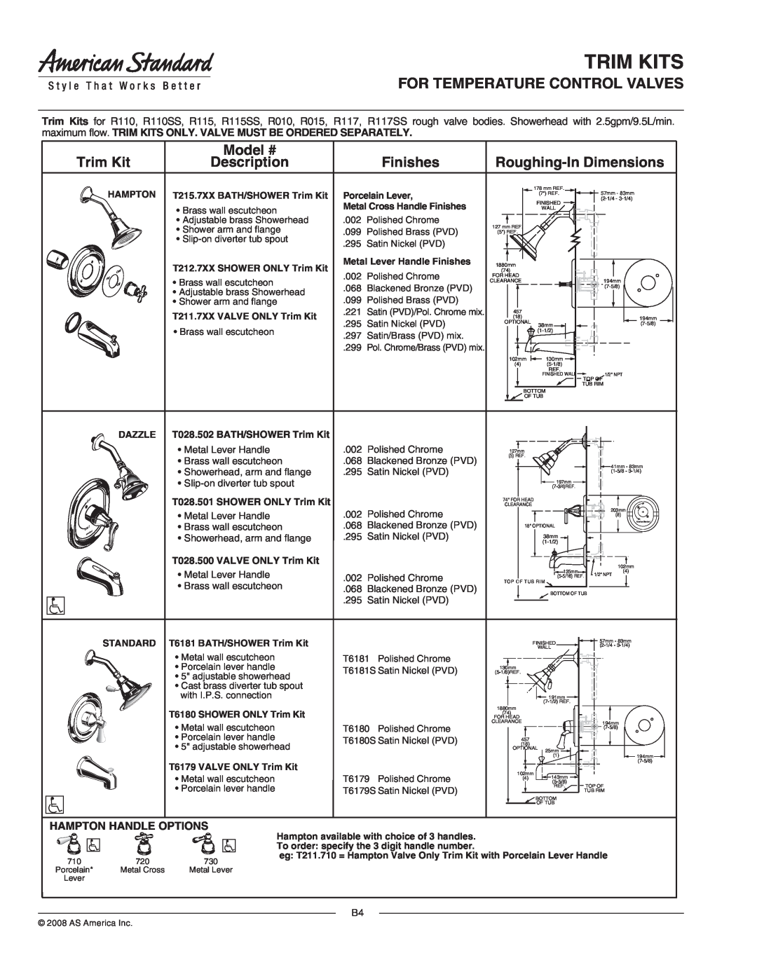 American Standard T064.502, T064.500 Trim Kits, For Temperature Control Valves, Model #, Finishes, Roughing-In Dimensions 