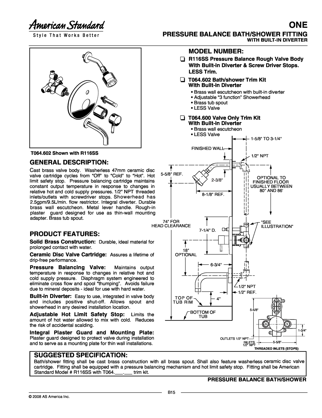 American Standard T064.602, T064.600, R116SS manual Pressure Balance Bath/Shower Fitting, Model Number, General Description 