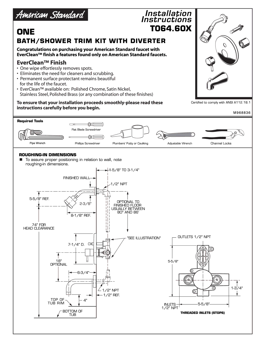 American Standard T064.60X manual 