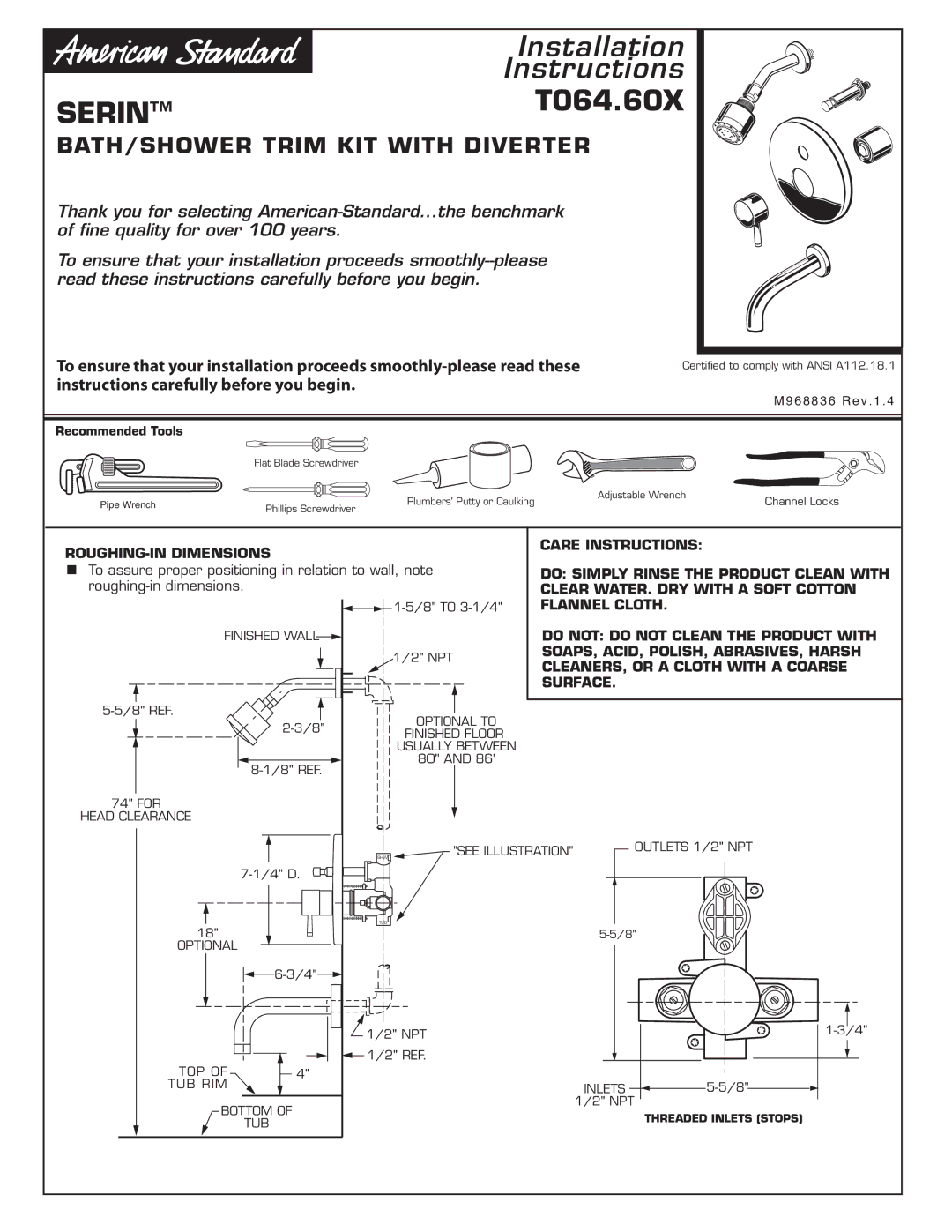 American Standard installation instructions SERINT064.60X 