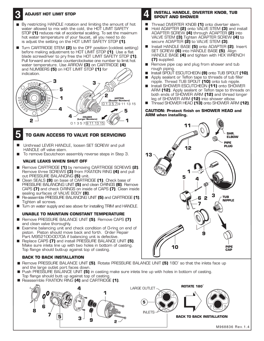 American Standard T064.60X Adjust HOT Limit Stop, Install HANDLE, Diverter KNOB, TUB, Spout and Shower 