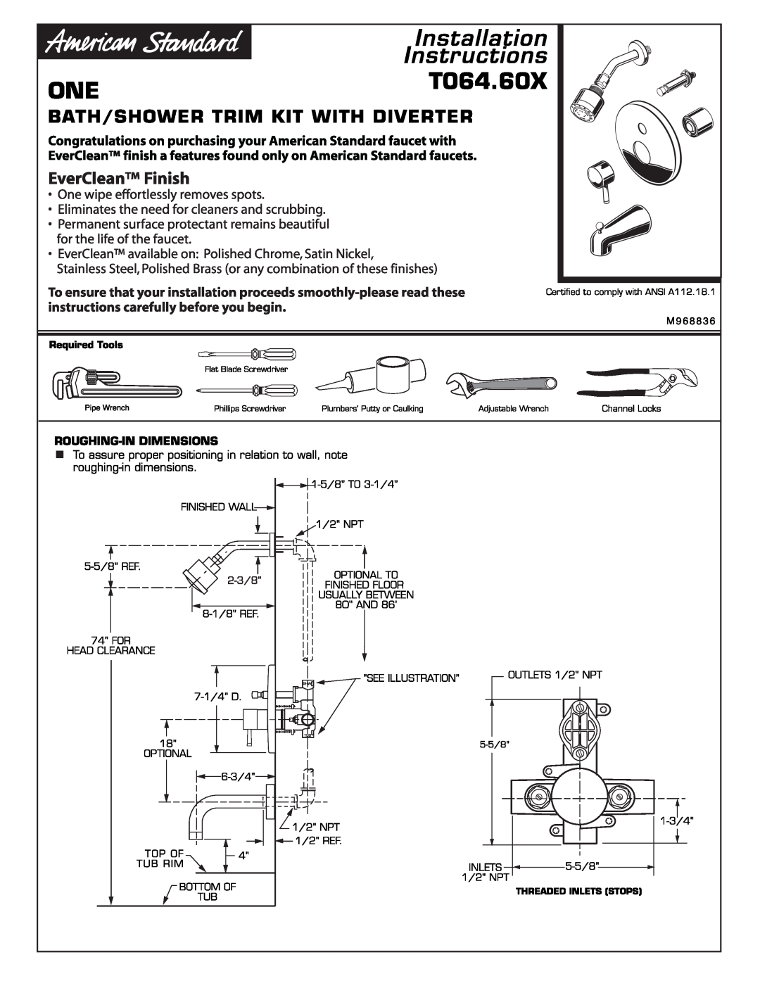 American Standard installation instructions SERINT064.60X, Installation Instructions 