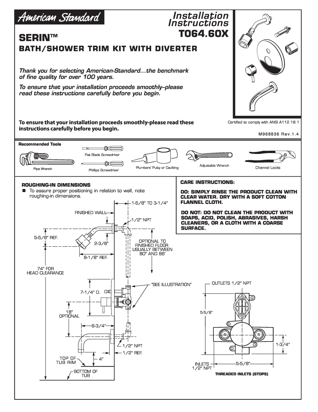 American Standard installation instructions SERINT064.60X, Installation Instructions 