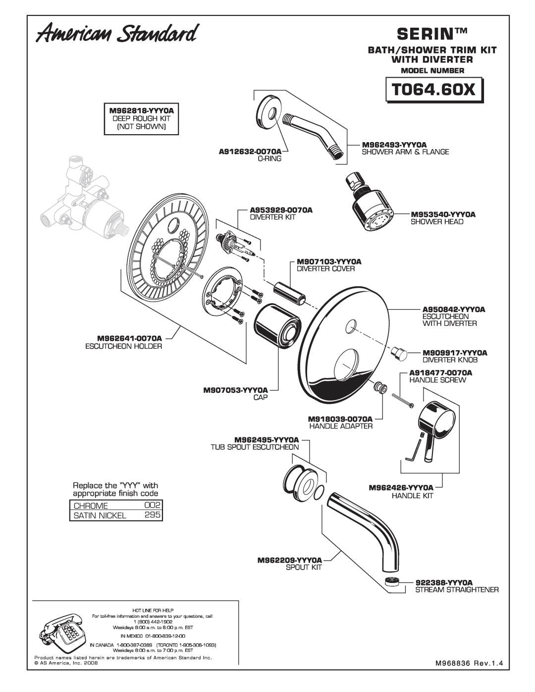 American Standard T064.60X installation instructions Serin, Bath/Shower Trim Kit With Diverter 