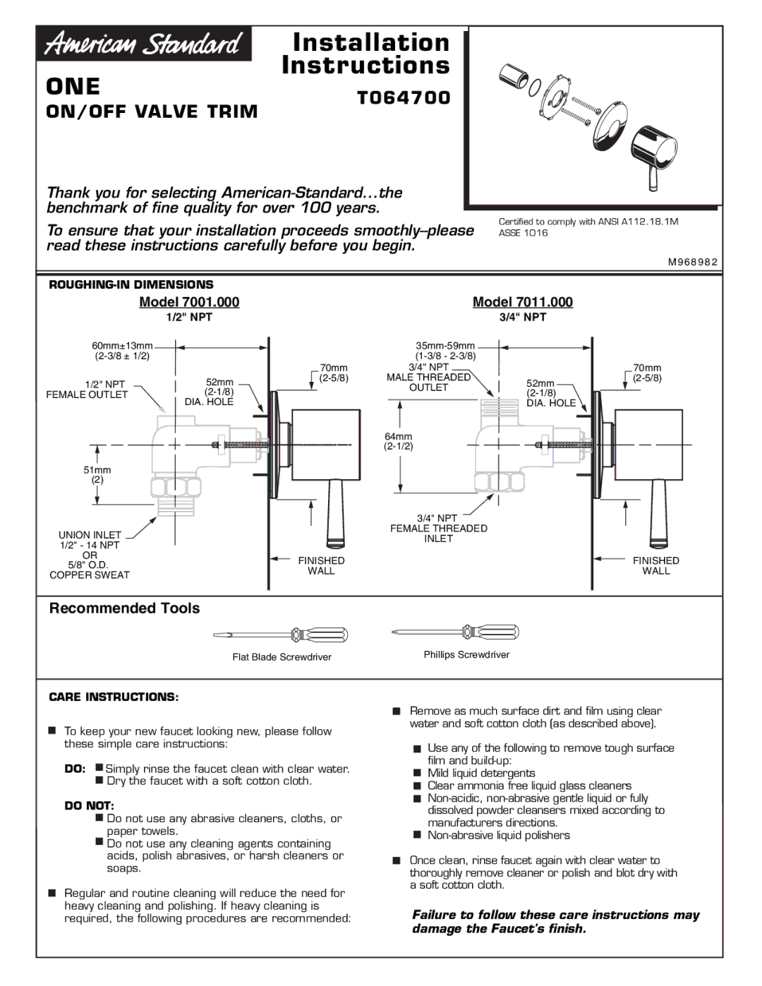 American Standard T064700 installation instructions ROUGHING-IN Dimensions, Npt, Care Instructions, Do not 