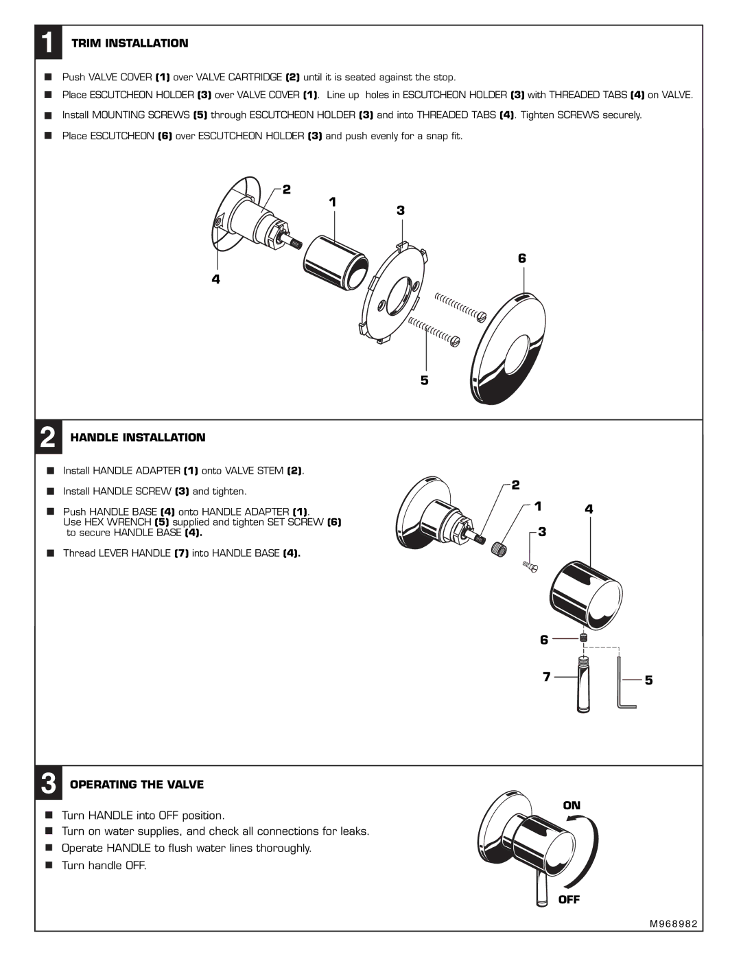 American Standard T064700 installation instructions Trim Installation, Handle Installation, Operating the Valve, Off 