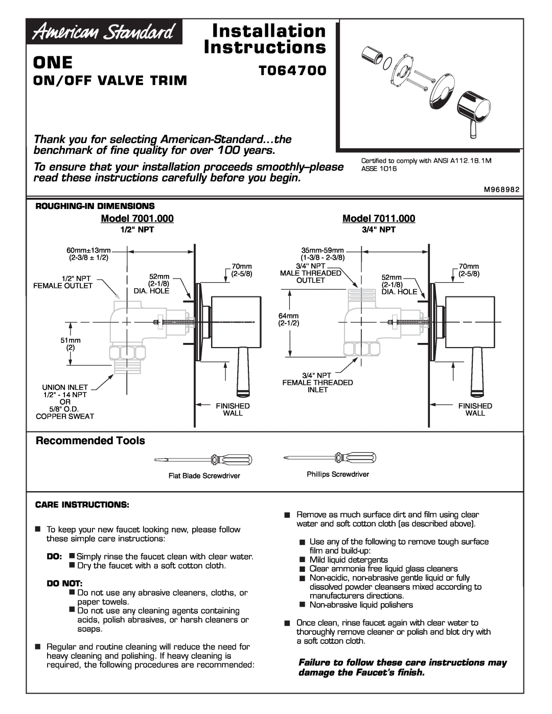 American Standard T064700 installation instructions On/Off Valve Trim, Installation, Instructions, Recommended Tools 