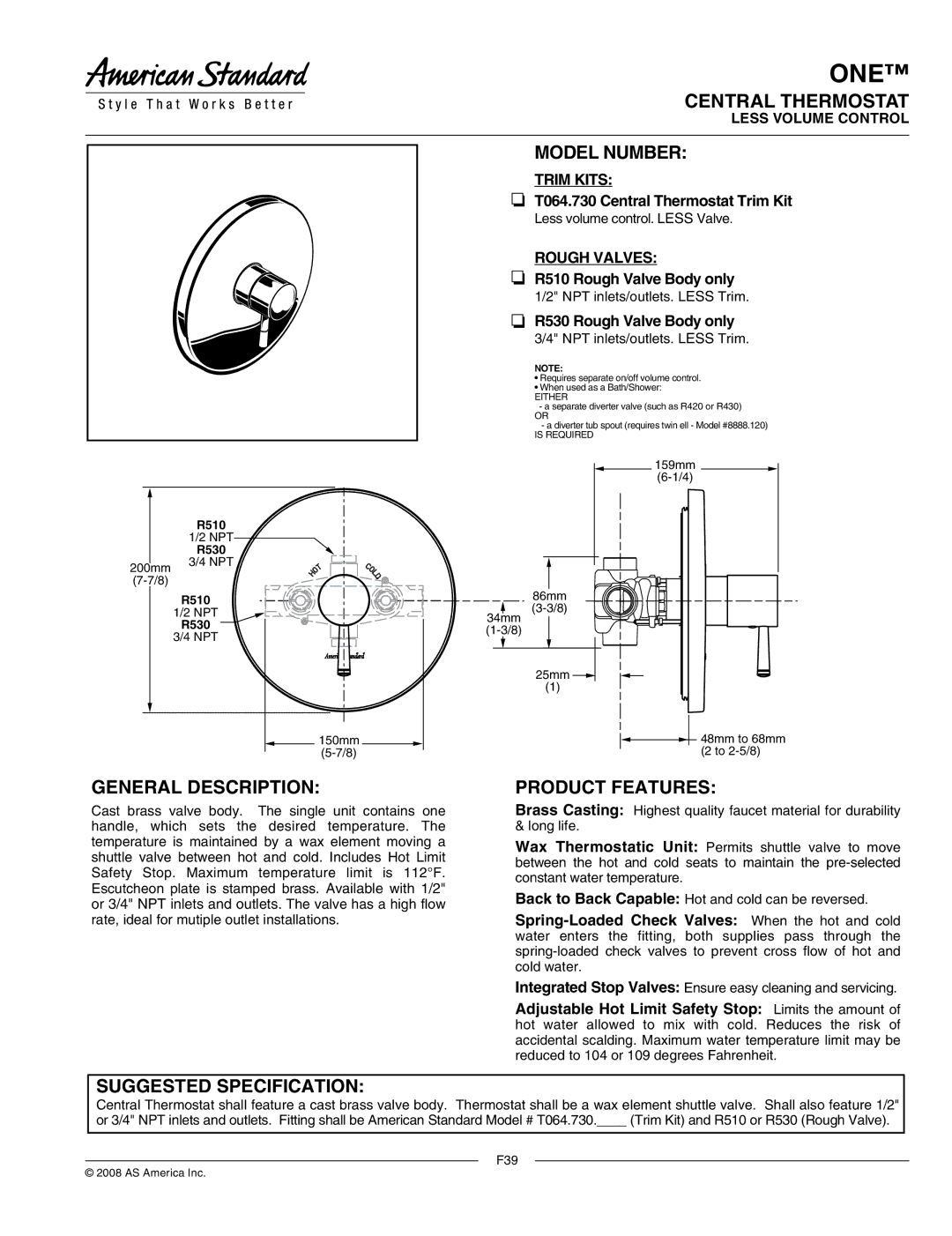 American Standard T064.730 manual Central Thermostat, Model Number, General Description, Product Features 