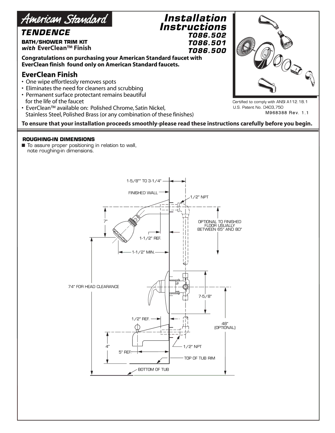 American Standard T086.501, T086.500, T086.502 installation instructions Instructions, ROUGHING-IN Dimensions 