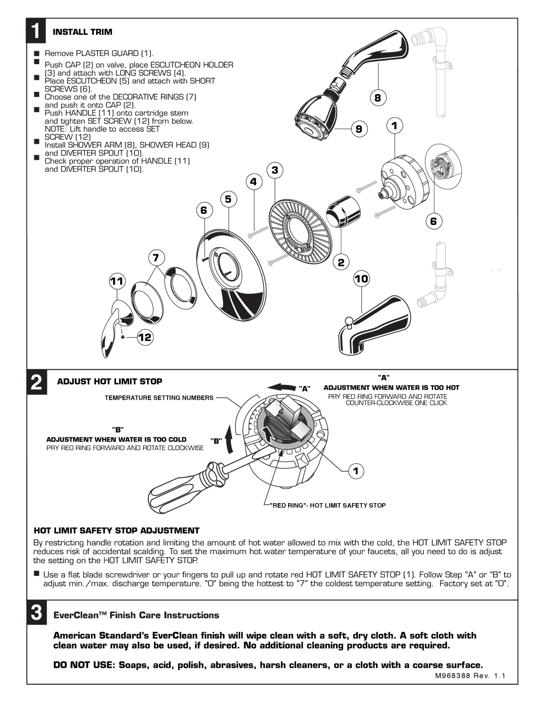 American Standard T086.502, T086.500, T086.501 Install Trim, Adjust HOT Limit Stop, HOT Limit Safety Stop Adjustment 