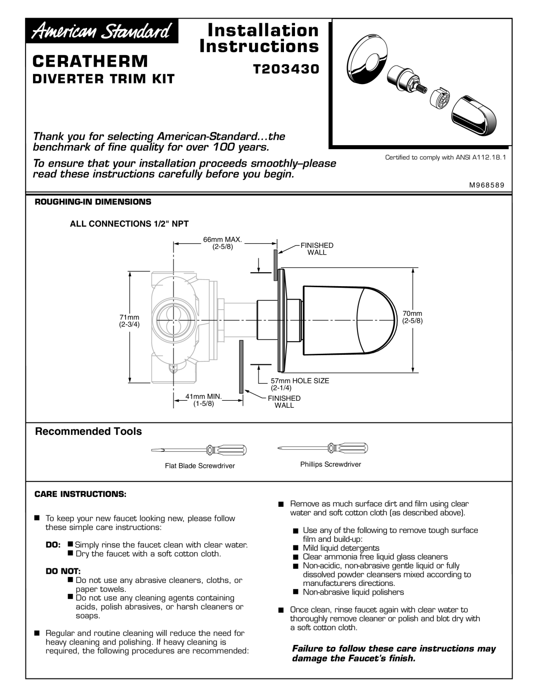 American Standard M968589 installation instructions CERATHERMT203430, ROUGHING-IN Dimensions, Care Instructions, Do not 