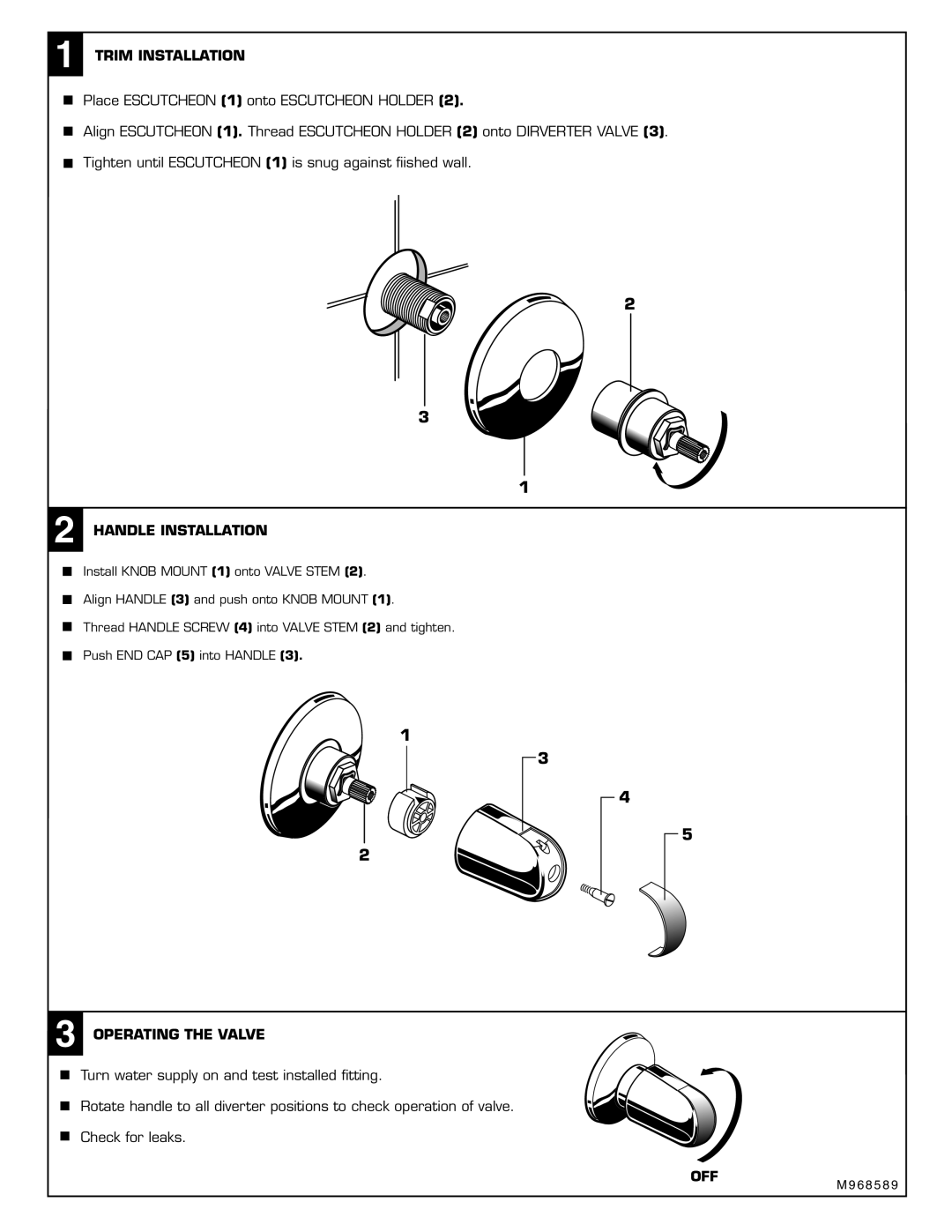 American Standard T203430, M968589 installation instructions Trim Installation, Handle Installation, Operating the Valve 