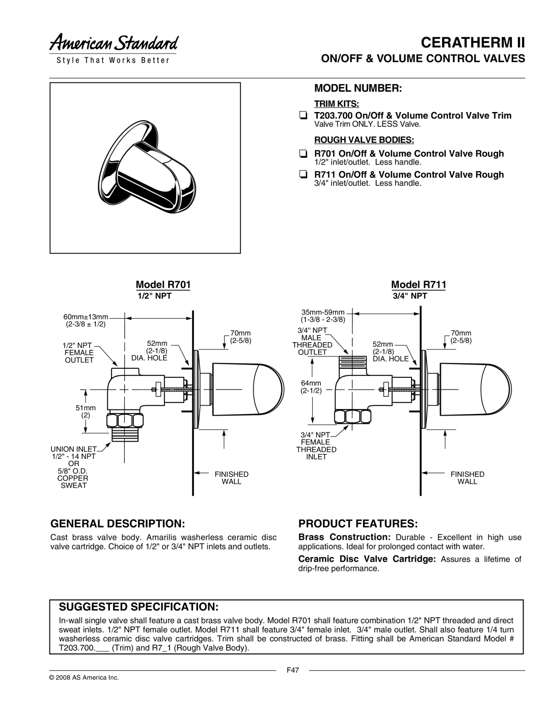 American Standard T203.700 manual ON/OFF & Volume Control Valves Model Number, General Description Product Features 