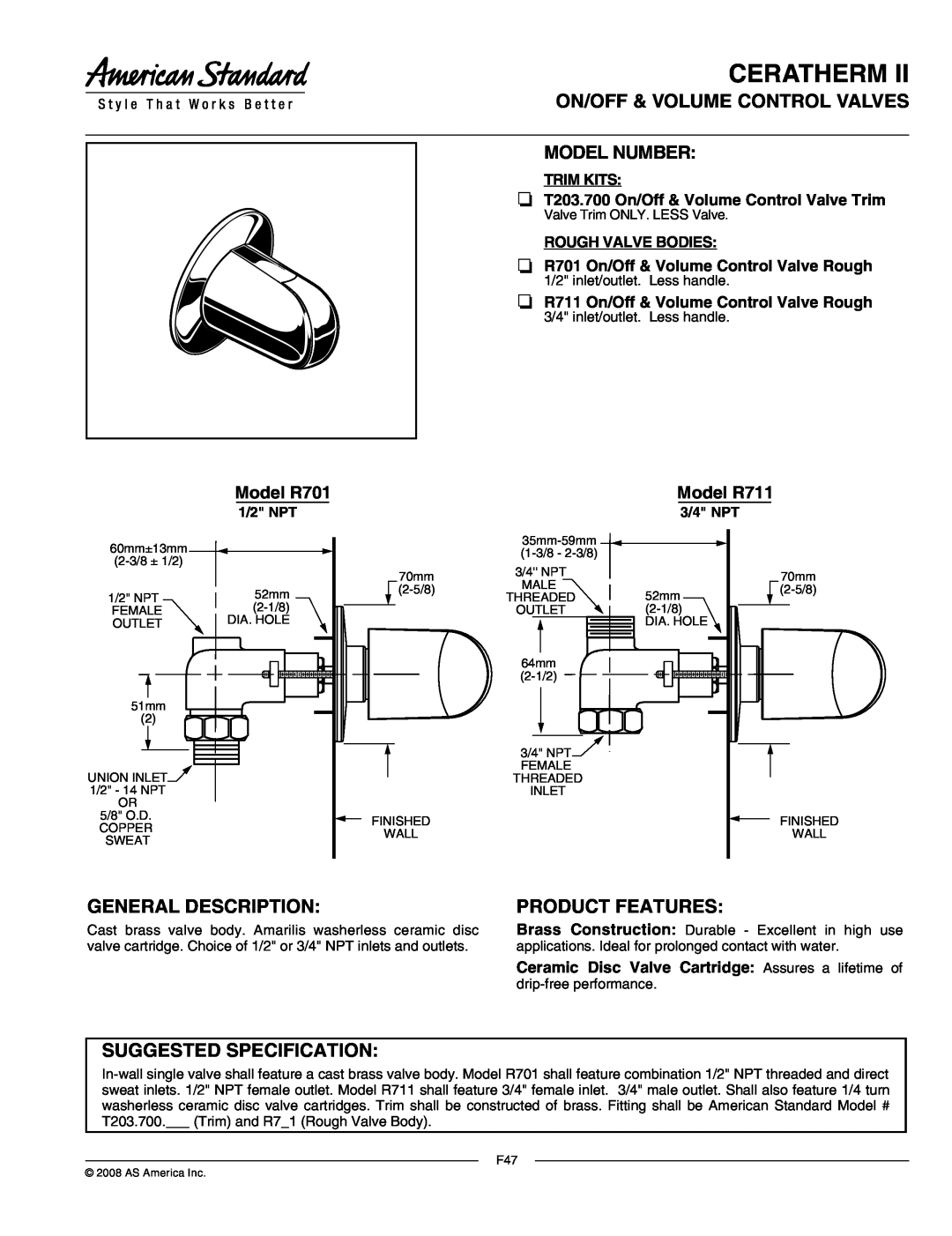 American Standard T203.700 manual Ceratherm, On/Off & Volume Control Valves Model Number, General Description, Trim Kits 