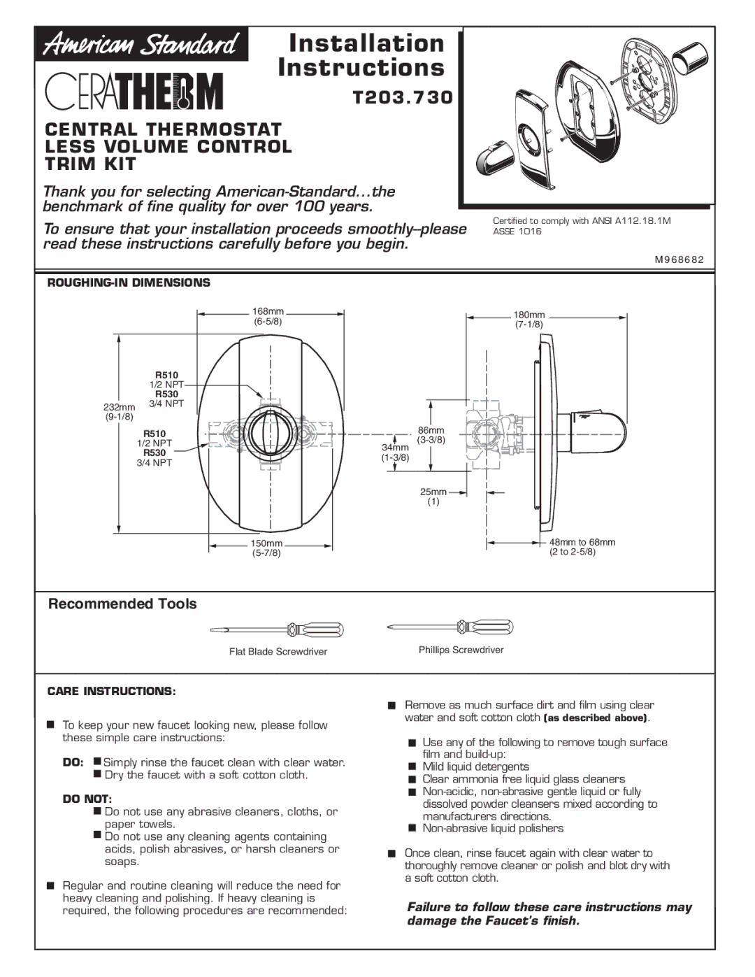 American Standard T203.730 installation instructions ROUGHING-IN Dimensions, Care Instructions, Do not 