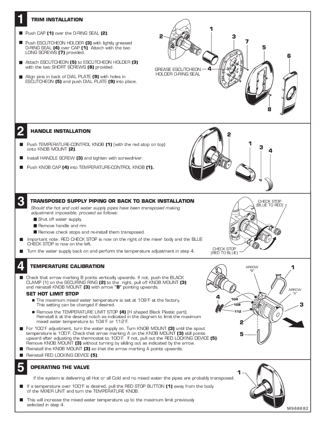 American Standard T203.730 Trim Installation, Handle Installation, Transposed Supply Piping or Back to Back Installation 