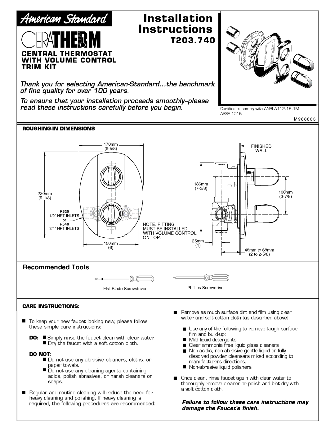 American Standard T203.740 manual 