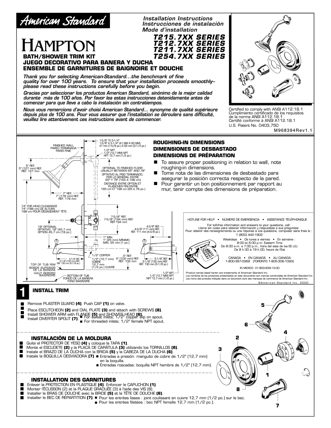 American Standard T212.7XX Series, T211.7XX Series, T215.7XX Series, T254.7XX Series manual 