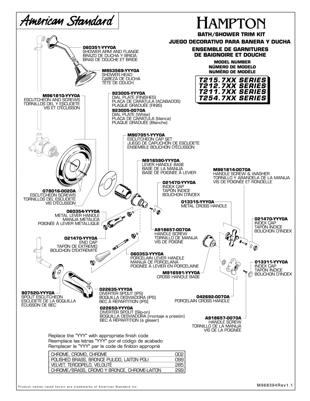 American Standard T211.7XX Series, T212.7XX Series, T215.7XX Series, T254.7XX Series manual 