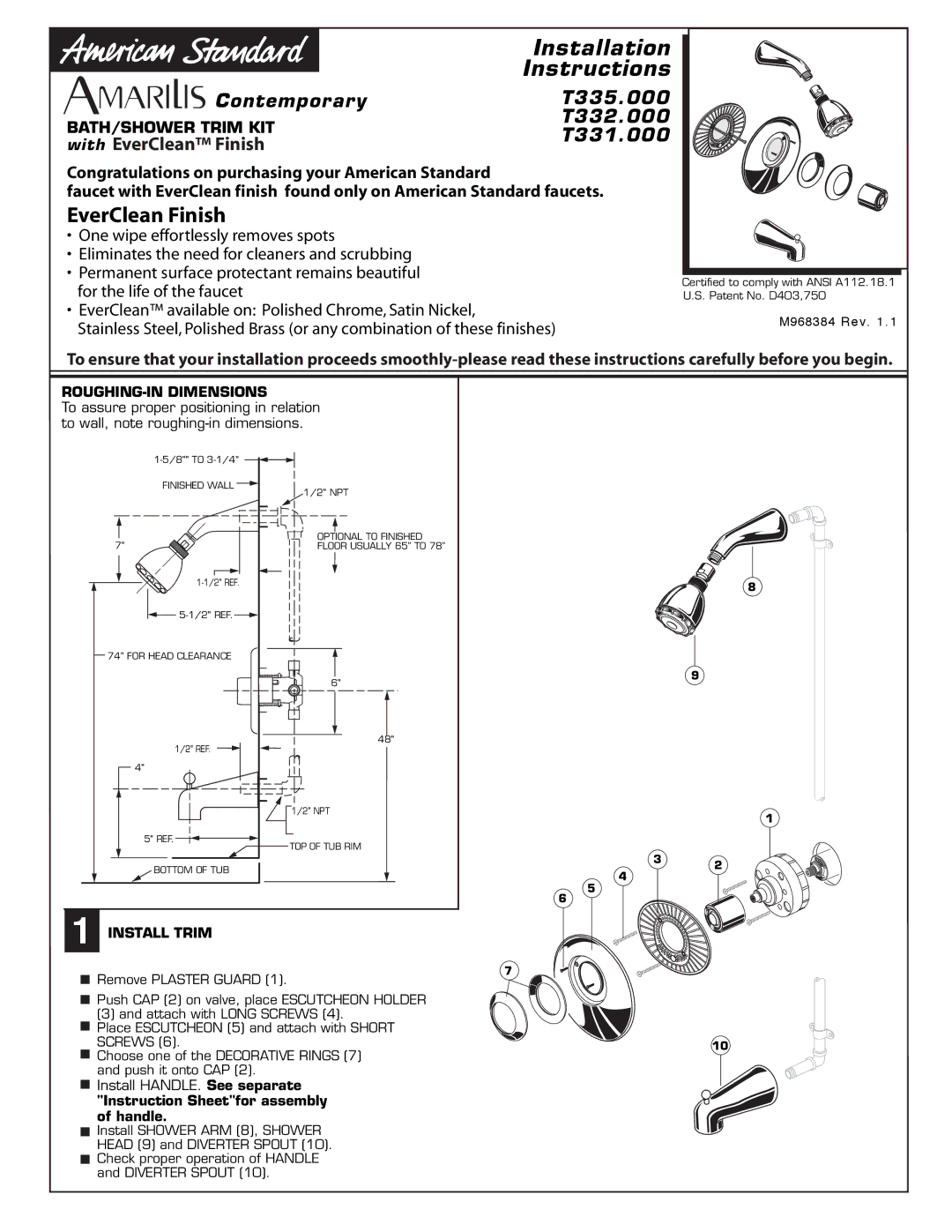 American Standard T331.000, T335.000, T332.000 installation instructions Installation, Instructions, EverClean Finish 