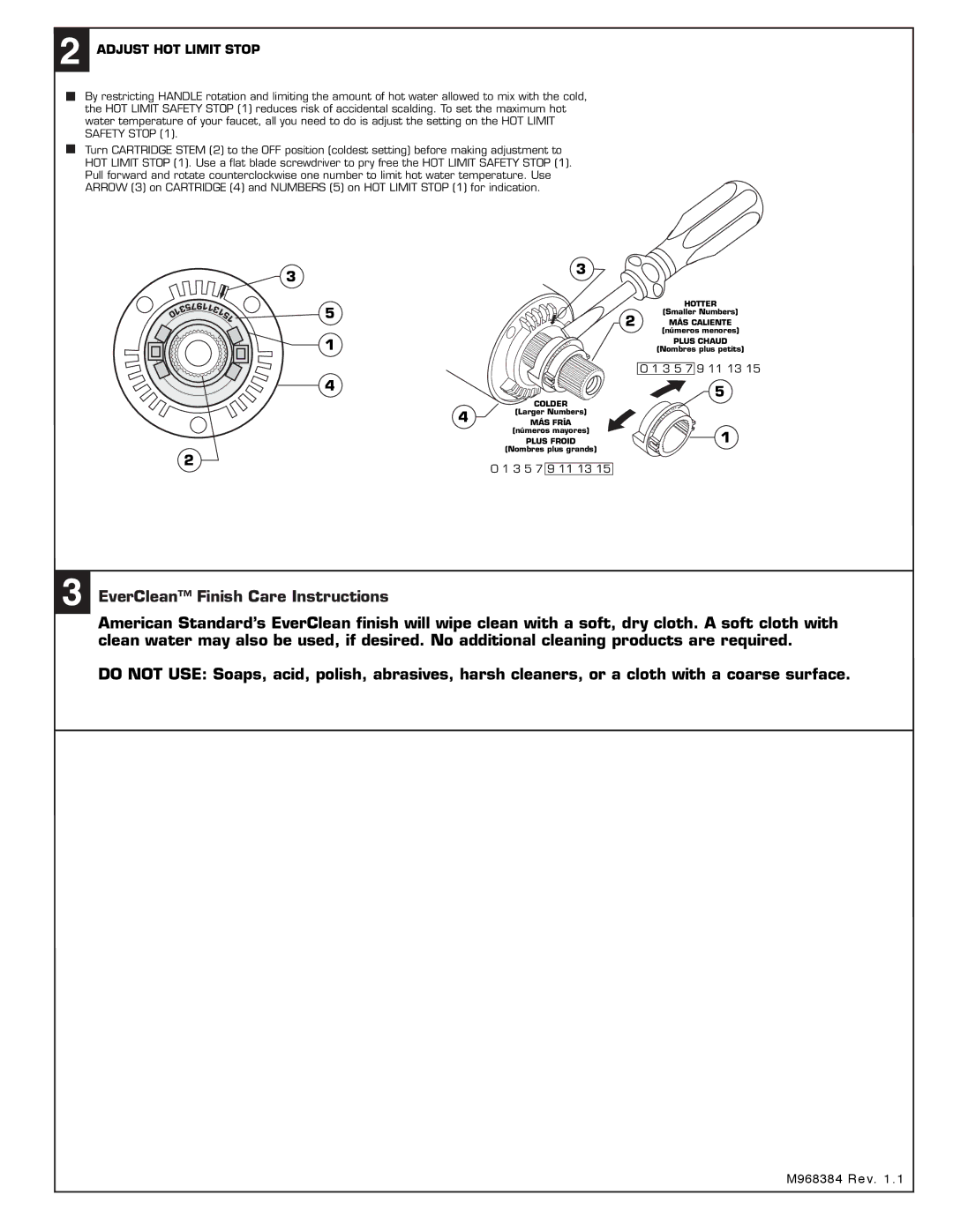 American Standard T332.000, T335.000, T331.000 EverClean Finish Care Instructions, Adjust HOT Limit Stop 