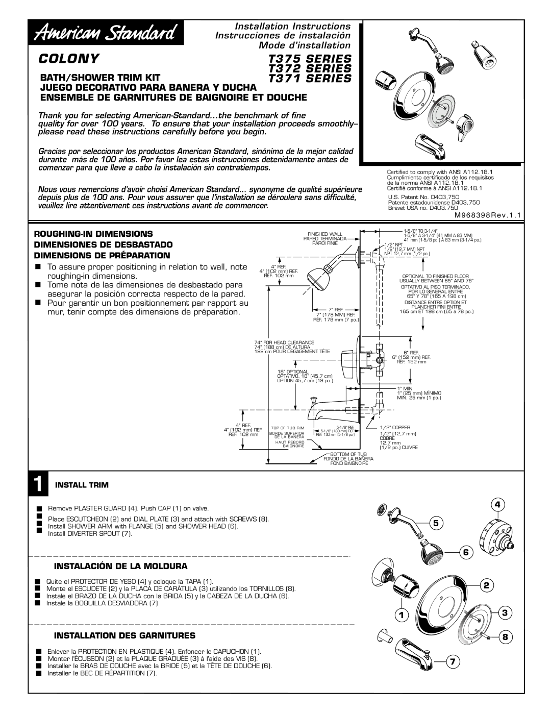 American Standard T375 Series, T372 Series, T371 Series dimensions Colony, Install Trim 