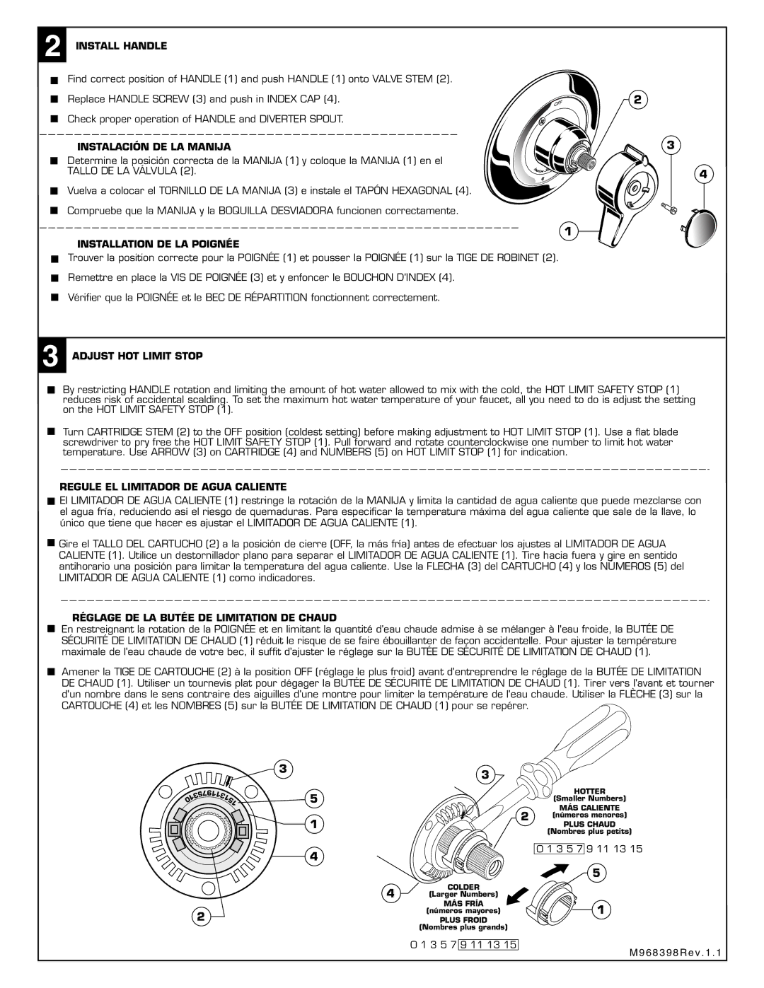 American Standard T371 Series Install Handle, Instalación DE LA Manija, Installation DE LA Poignée, Adjust HOT Limit Stop 