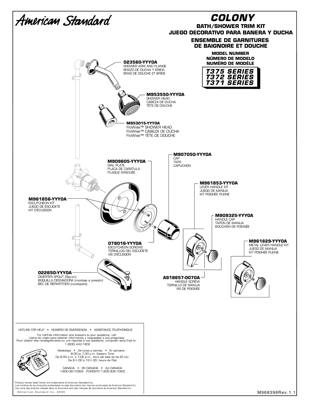 American Standard T375 Series, T372 Series, T371 Series dimensions Colony, Model Number Número DE Modelo Numéro DE Modèle 
