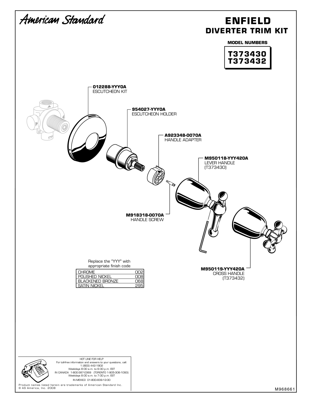 American Standard installation instructions Enfield, Diverter Trim KIT, T373430 T373432 