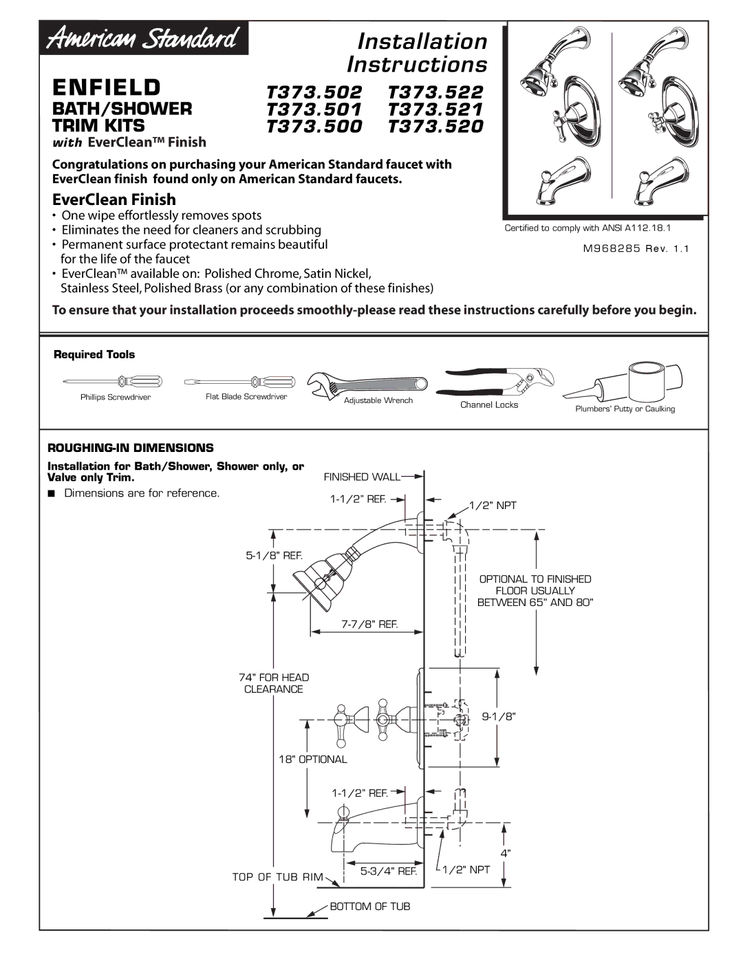 American Standard T373.520, T373.501, T373.521, T373.522, T373.500 installation instructions Enfield, ROUGHING-IN Dimensions 